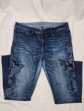 Women's Blue Skinny Jeans with Floral Embroidery
